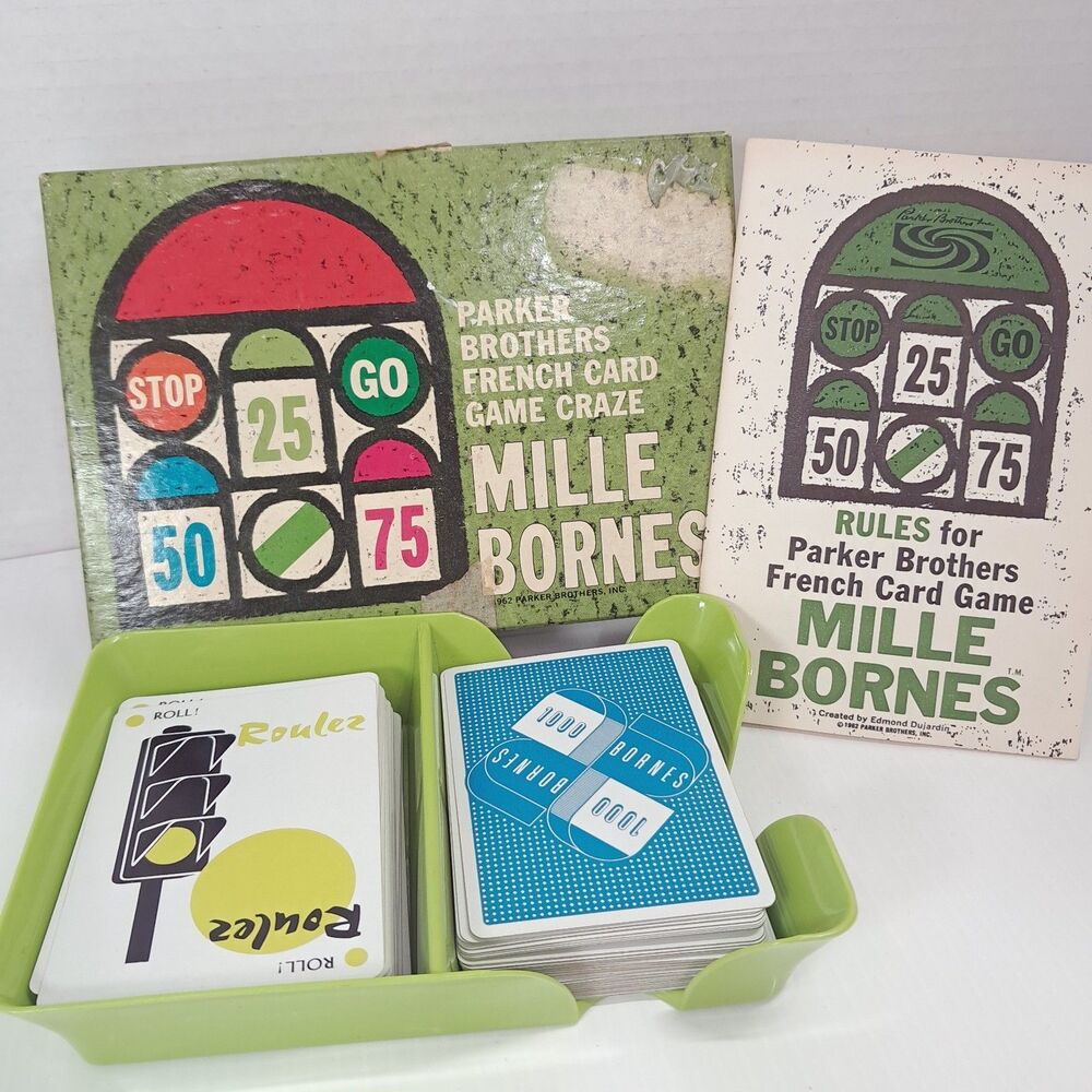 Vintage Mille Bornes French Card Game Craze 1962 Parker Brothers green COMPLETE